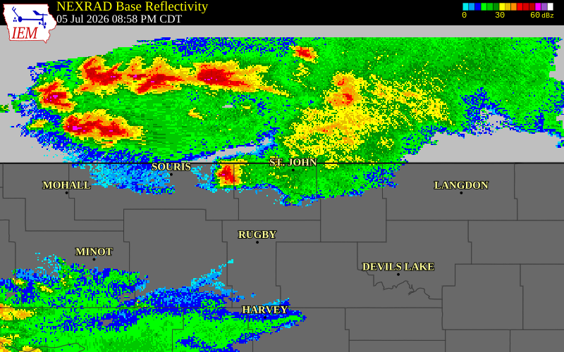 NEXRAD radar during the Sunday, July 5, 2026 storm activity in Rolette County, North Dakota