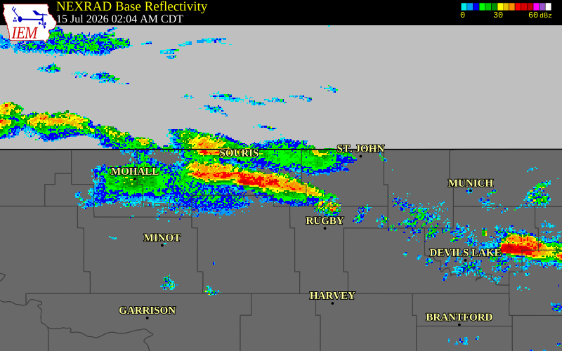 NEXRAD radar during the Wednesday, July 15, 2026 storm activity in Rolette County, North Dakota