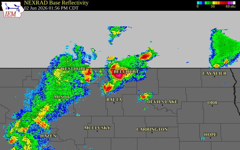 Radar snapshot during the Jun 2, 2026 hail event near 3 NNW Shell Valley, Rolette County, North Dakota, with NWS warning polygons