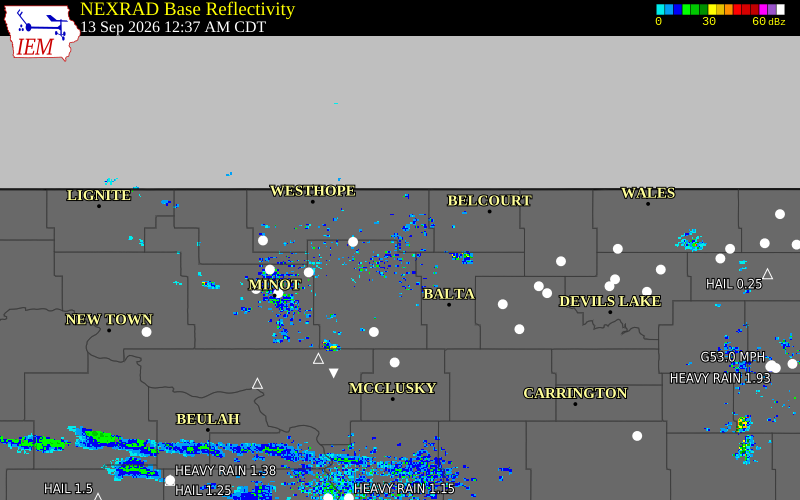 Current NEXRAD radar over Rolette County, North Dakota with recent storm report locations