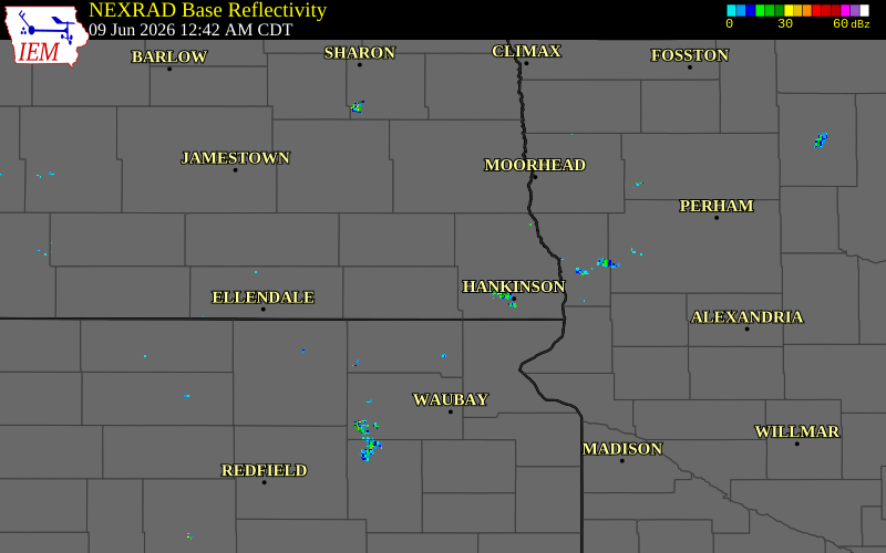 Radar snapshot during the Jun 9, 2026 wind event near 5 NW Hamlin, Sargent County, North Dakota, with NWS warning polygons