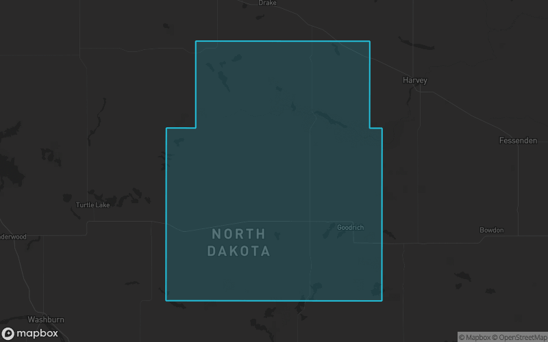 Map of Sheridan County, North Dakota showing the county boundary and surrounding cities