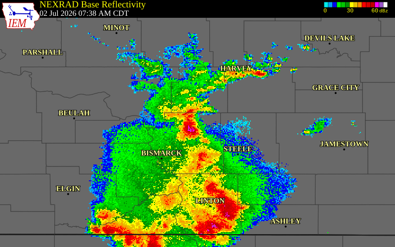 NEXRAD radar during the Thursday, July 2, 2026 storm activity in Sheridan County, North Dakota