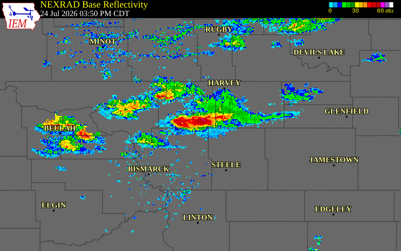 NEXRAD radar during the Friday, July 24, 2026 storm activity in Sheridan County, North Dakota