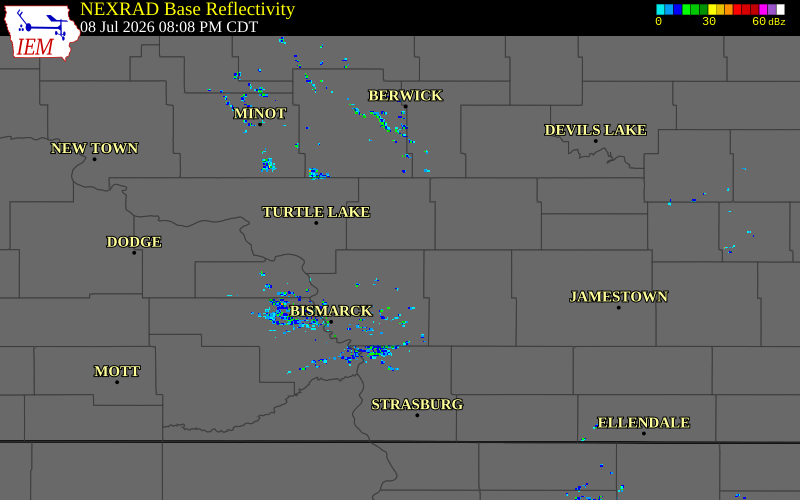 Radar snapshot during the Jul 8, 2026 tornado event near 10 S Denhoff, Sheridan County, North Dakota, with NWS warning polygons