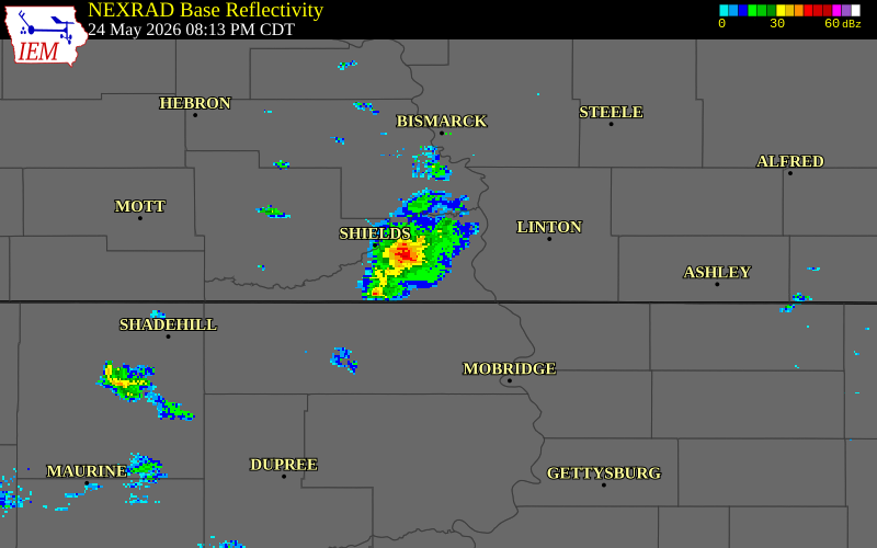 NEXRAD radar during the Sunday, May 24, 2026 storm activity in Sioux County, North Dakota