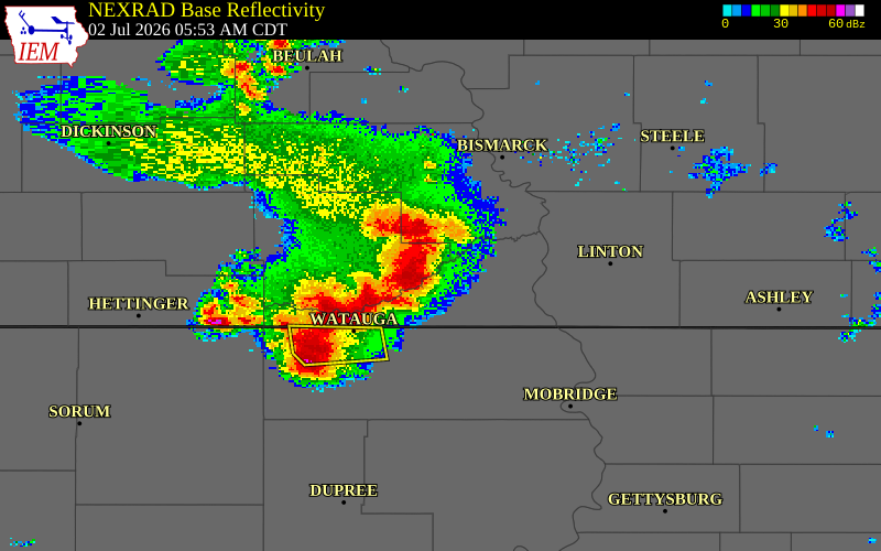 NEXRAD radar during the Thursday, July 2, 2026 storm activity in Sioux County, North Dakota