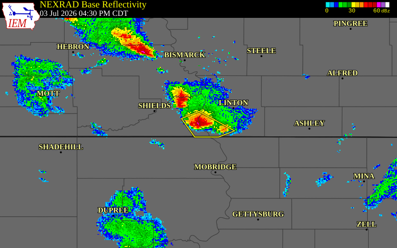 NEXRAD radar during the Friday, July 3, 2026 storm activity in Sioux County, North Dakota