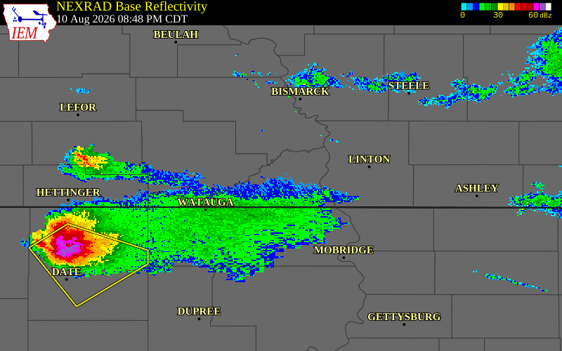 NEXRAD radar during the Monday, August 10, 2026 storm activity in Sioux County, North Dakota