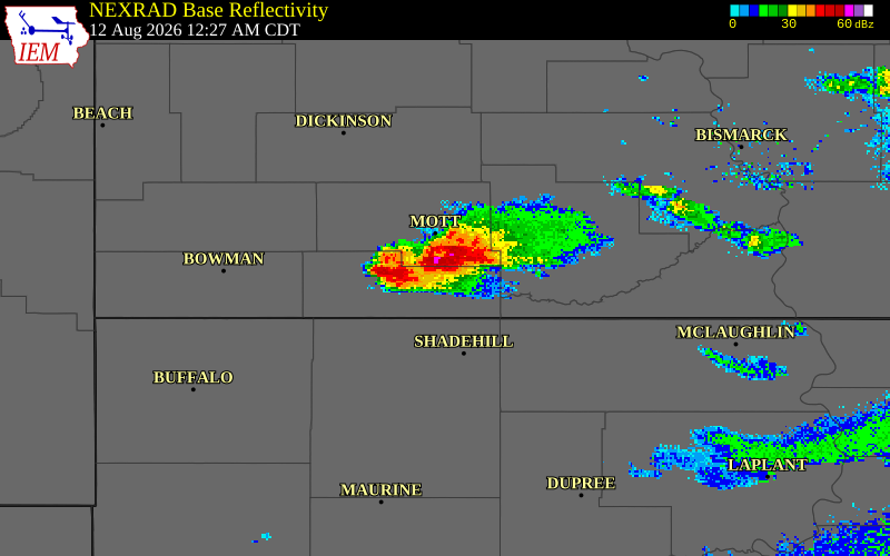 NEXRAD radar during the Wednesday, August 12, 2026 storm activity in Sioux County, North Dakota