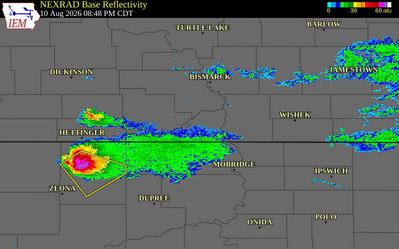 Radar snapshot during the Aug 10, 2026 hail event near 8 E Porcupine, Sioux County, North Dakota, with NWS warning polygons