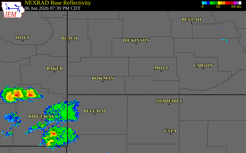 NEXRAD radar during the Saturday, June 6, 2026 storm activity in Slope County, North Dakota
