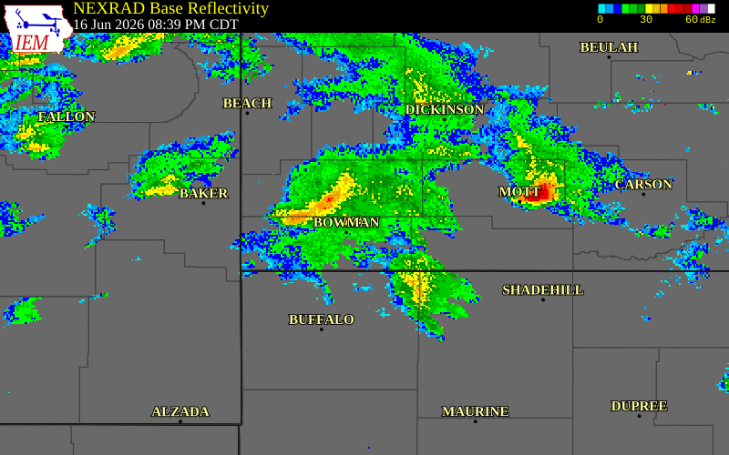 NEXRAD radar during the Tuesday, June 16, 2026 storm activity in Slope County, North Dakota