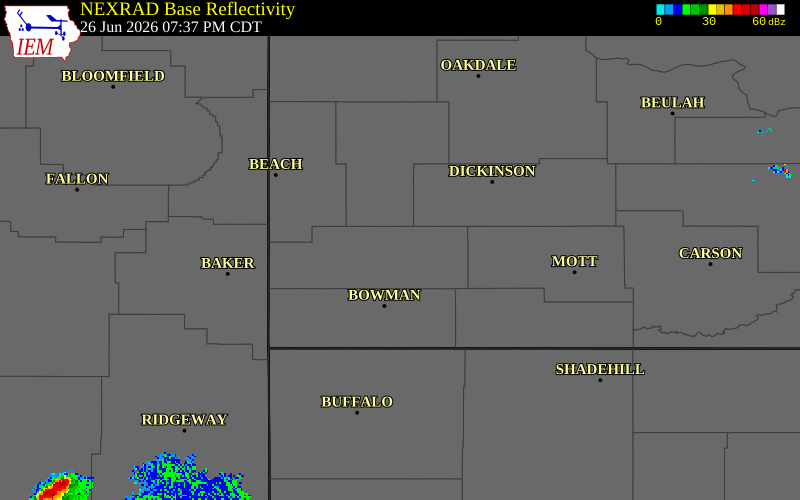 NEXRAD radar during the Friday, June 26, 2026 storm activity in Slope County, North Dakota