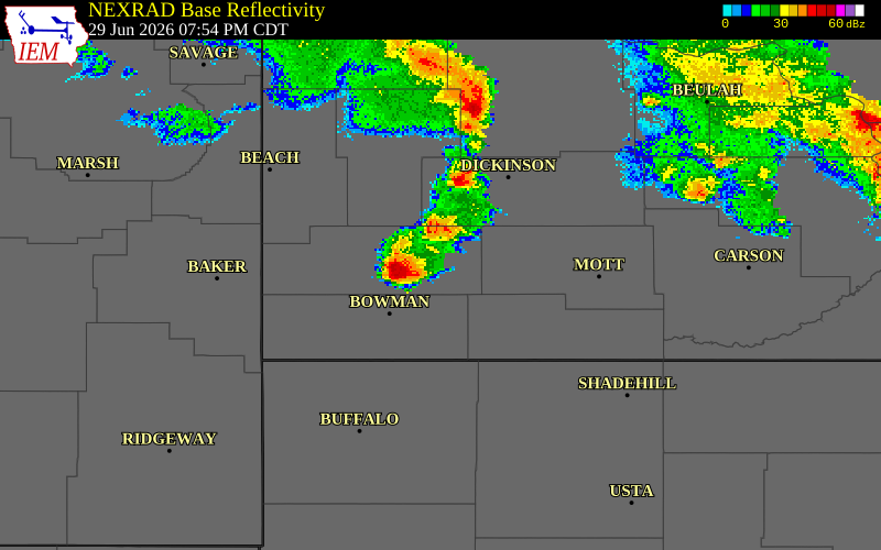 NEXRAD radar during the Monday, June 29, 2026 storm activity in Slope County, North Dakota