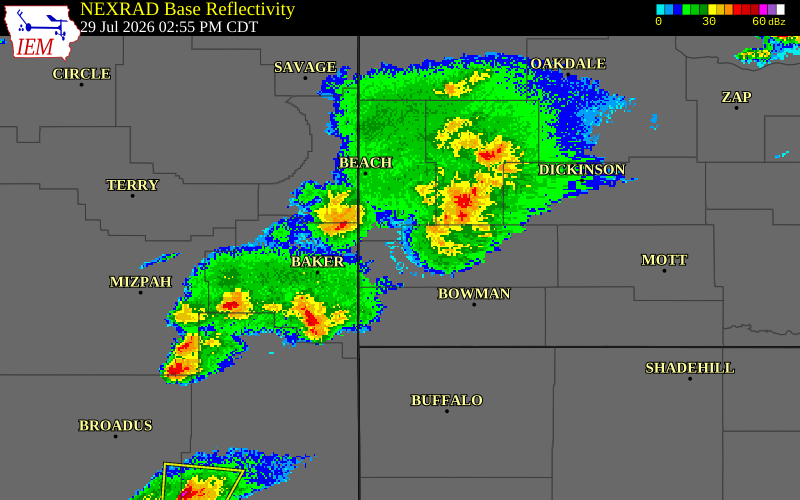 NEXRAD radar during the Wednesday, July 29, 2026 storm activity in Slope County, North Dakota