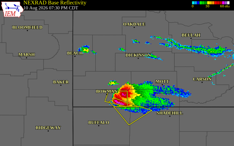 NEXRAD radar during the Monday, August 10, 2026 storm activity in Slope County, North Dakota