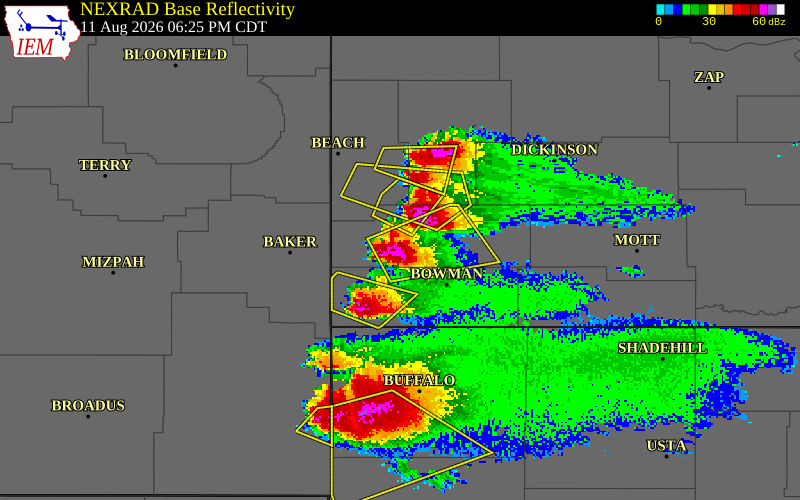 NEXRAD radar during the Tuesday, August 11, 2026 storm activity in Slope County, North Dakota