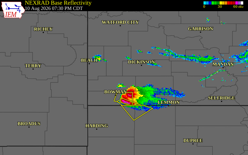 Radar snapshot during the Aug 10, 2026 hail event near 10 NE Amidon, Slope County, North Dakota, with NWS warning polygons