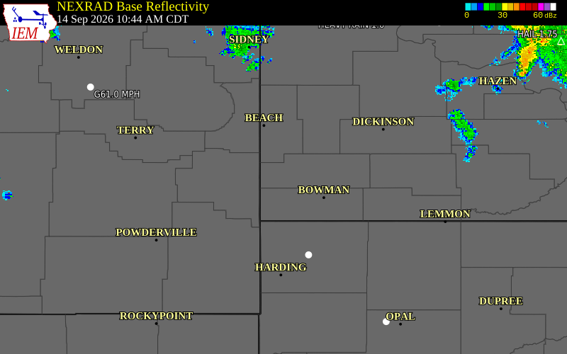 Current NEXRAD radar over Slope County, North Dakota with recent storm report locations