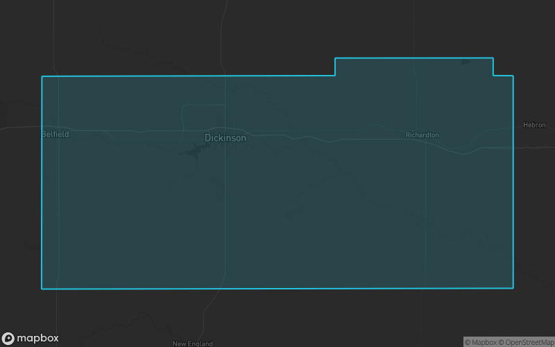 Map of Stark County, North Dakota showing the county boundary and surrounding cities