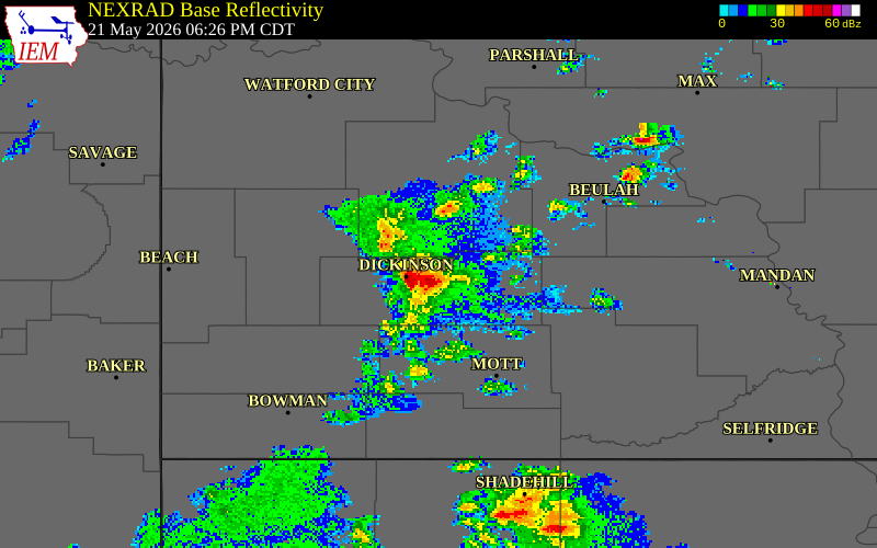 NEXRAD radar during the Thursday, May 21, 2026 storm activity in Stark County, North Dakota