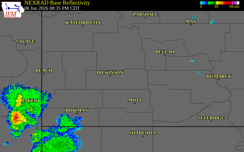 NEXRAD radar during the Saturday, June 6, 2026 storm activity in Stark County, North Dakota