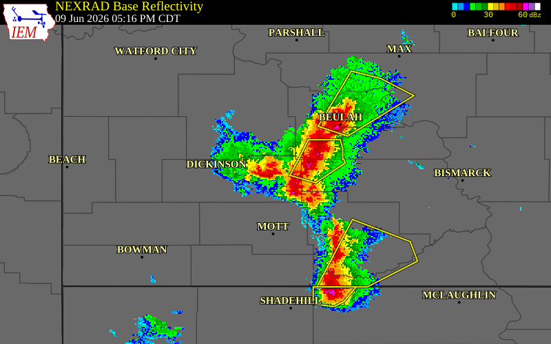 NEXRAD radar during the Tuesday, June 9, 2026 storm activity in Stark County, North Dakota
