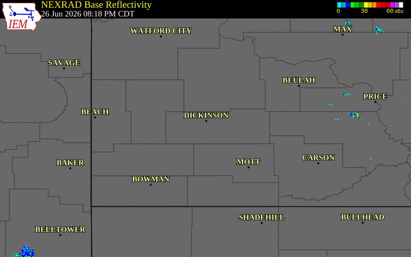 NEXRAD radar during the Friday, June 26, 2026 storm activity in Stark County, North Dakota