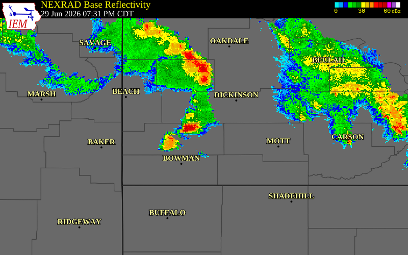 NEXRAD radar during the Monday, June 29, 2026 storm activity in Stark County, North Dakota