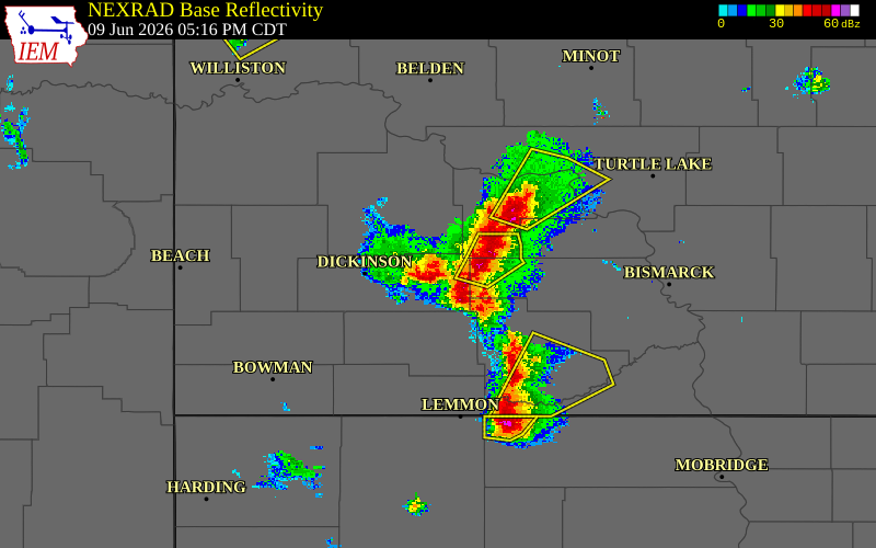 Radar snapshot during the Jun 9, 2026 hail event near Richardton, Stark County, North Dakota, with NWS warning polygons