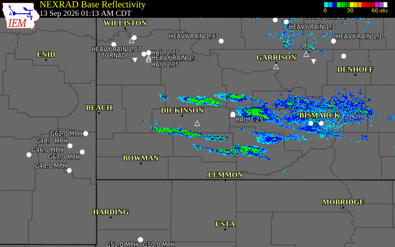 Current NEXRAD radar over Stark County, North Dakota with recent storm report locations