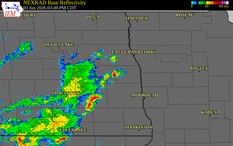 Radar snapshot during the Jun 3, 2026 hail event near Steele County, Steele County, North Dakota, with NWS warning polygons