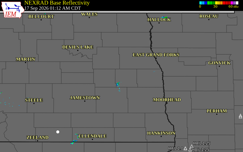 Current NEXRAD radar over Steele County, North Dakota with recent storm report locations