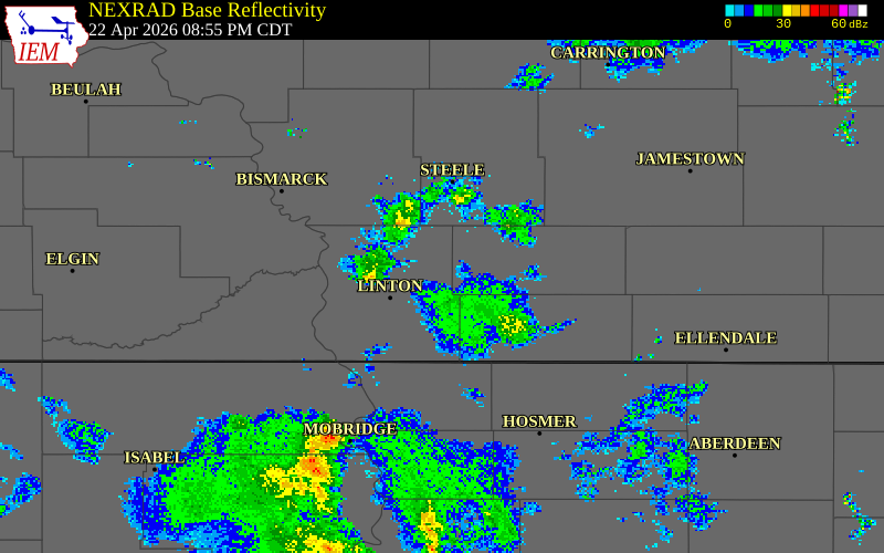 NEXRAD radar during the Wednesday, April 22, 2026 storm activity in Stutsman County, North Dakota