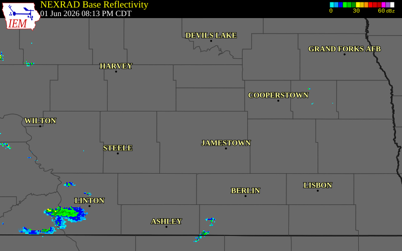 NEXRAD radar during the Monday, June 1, 2026 storm activity in Stutsman County, North Dakota