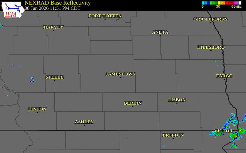 NEXRAD radar during the Monday, June 8, 2026 storm activity in Stutsman County, North Dakota