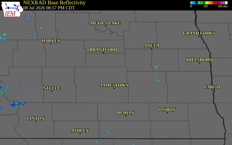 NEXRAD radar during the Wednesday, July 8, 2026 storm activity in Stutsman County, North Dakota