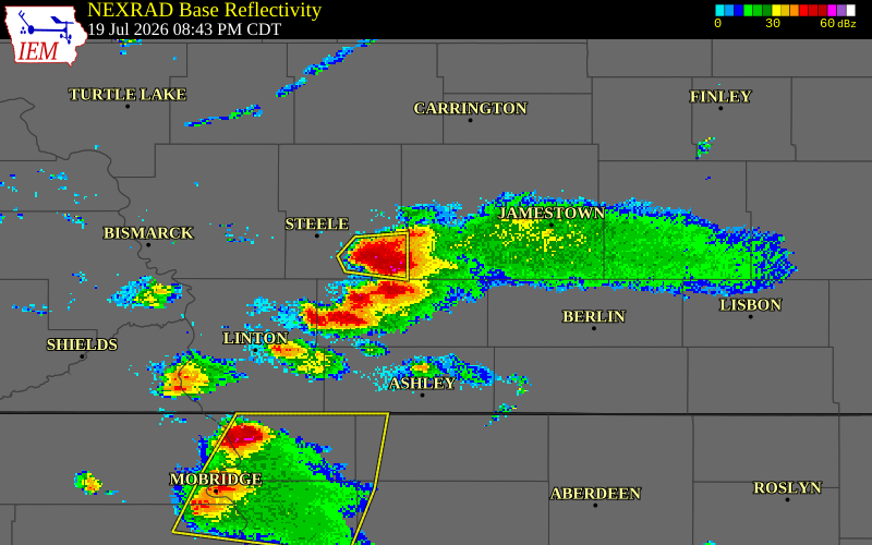 NEXRAD radar during the Sunday, July 19, 2026 storm activity in Stutsman County, North Dakota