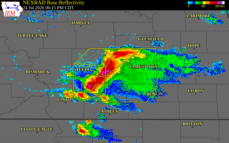 NEXRAD radar during the Friday, July 24, 2026 storm activity in Stutsman County, North Dakota