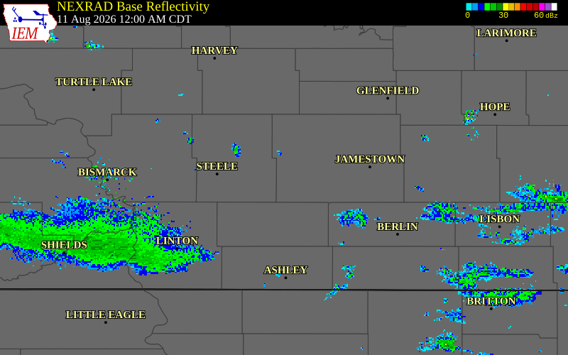NEXRAD radar during the Tuesday, August 11, 2026 storm activity in Stutsman County, North Dakota