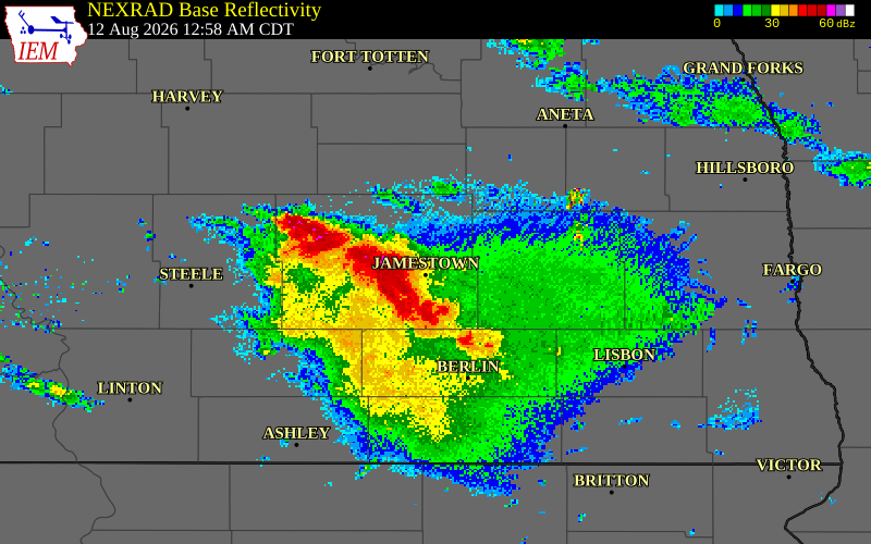 NEXRAD radar during the Wednesday, August 12, 2026 storm activity in Stutsman County, North Dakota
