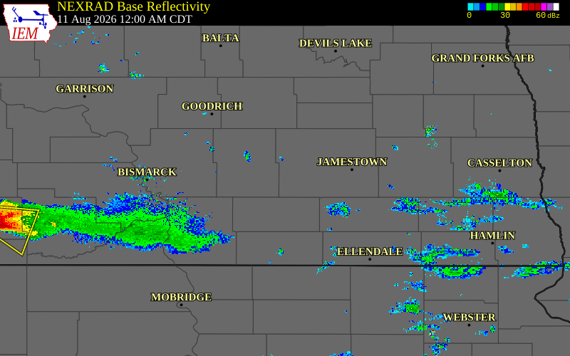 Radar snapshot during the Aug 11, 2026 hail event near 5 SE Crystal Springs, Stutsman County, North Dakota, with NWS warning polygons