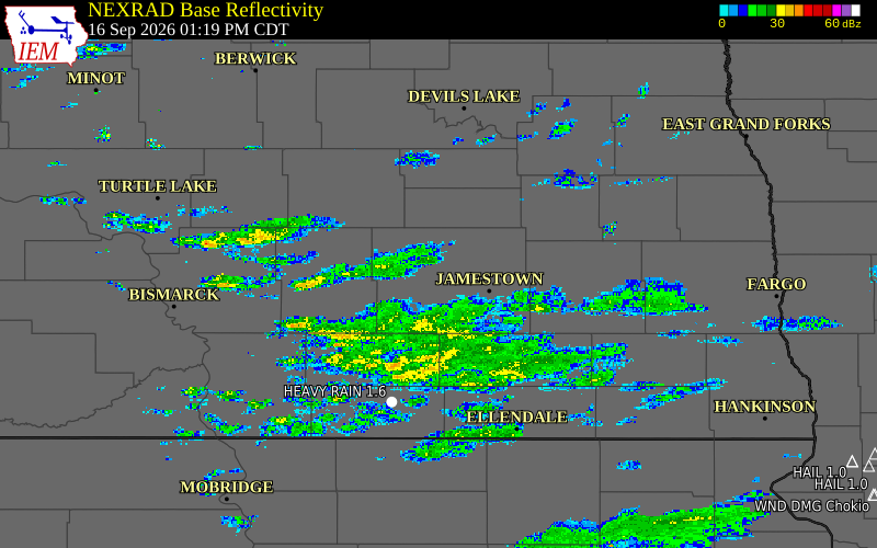 Current NEXRAD radar over Stutsman County, North Dakota with recent storm report locations