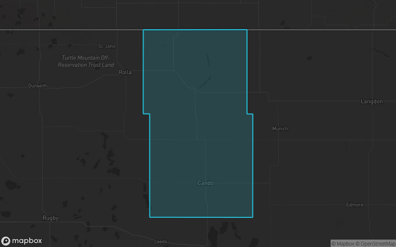 Map of Towner County, North Dakota showing the county boundary and surrounding cities