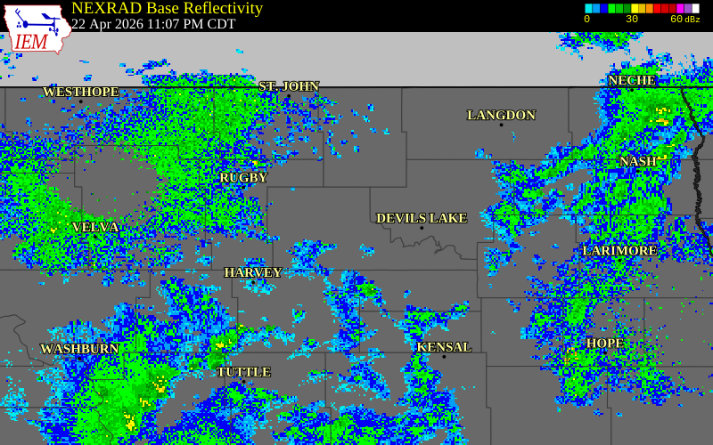 NEXRAD radar during the Wednesday, April 22, 2026 storm activity in Towner County, North Dakota
