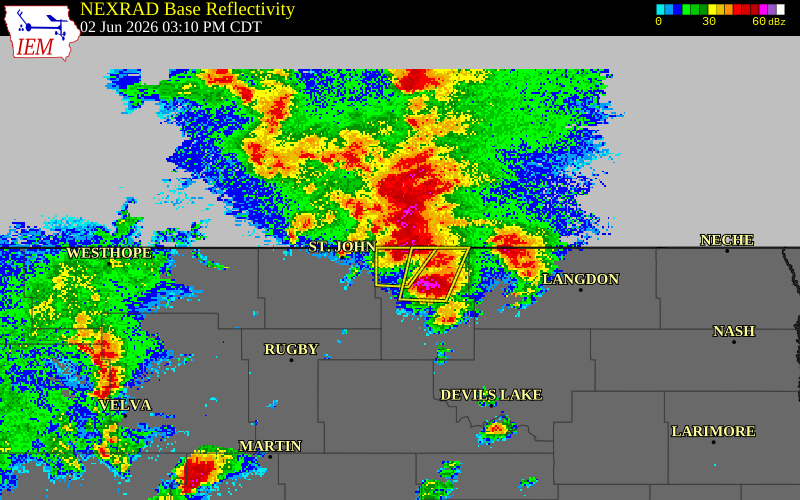 NEXRAD radar during the Tuesday, June 2, 2026 storm activity in Towner County, North Dakota
