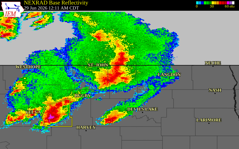 NEXRAD radar during the Monday, June 29, 2026 storm activity in Towner County, North Dakota