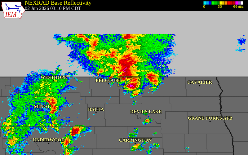 Radar snapshot during the Jun 2, 2026 hail event near 3 NNW Hansboro, Towner County, North Dakota, with NWS warning polygons