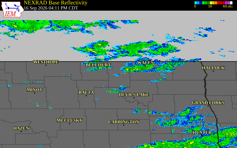 Current NEXRAD radar over Towner County, North Dakota with recent storm report locations